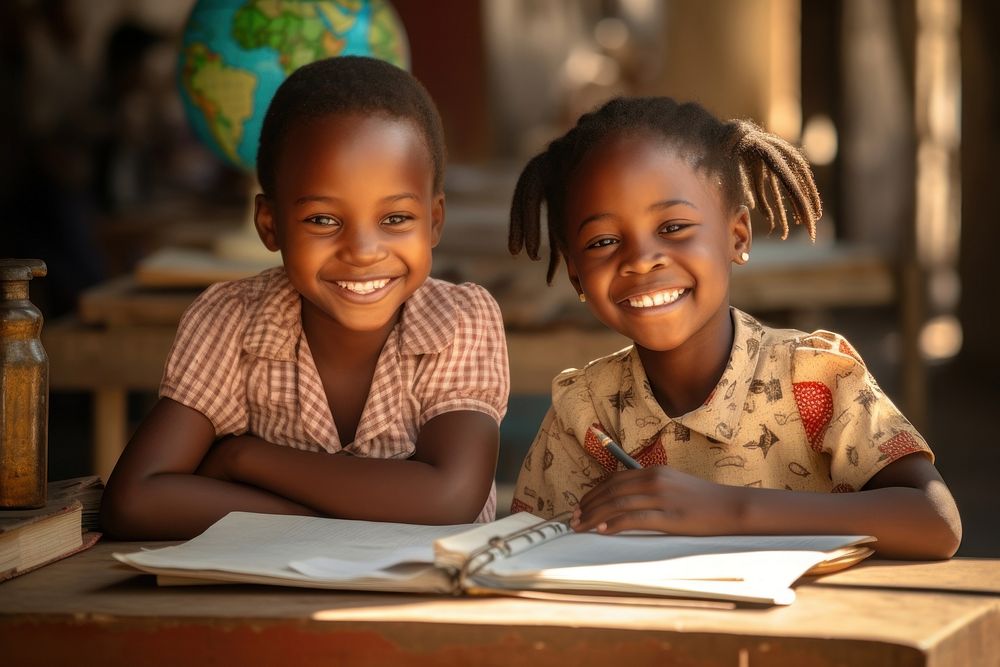 Two african student kids classroom studying child. AI generated Image by rawpixel.