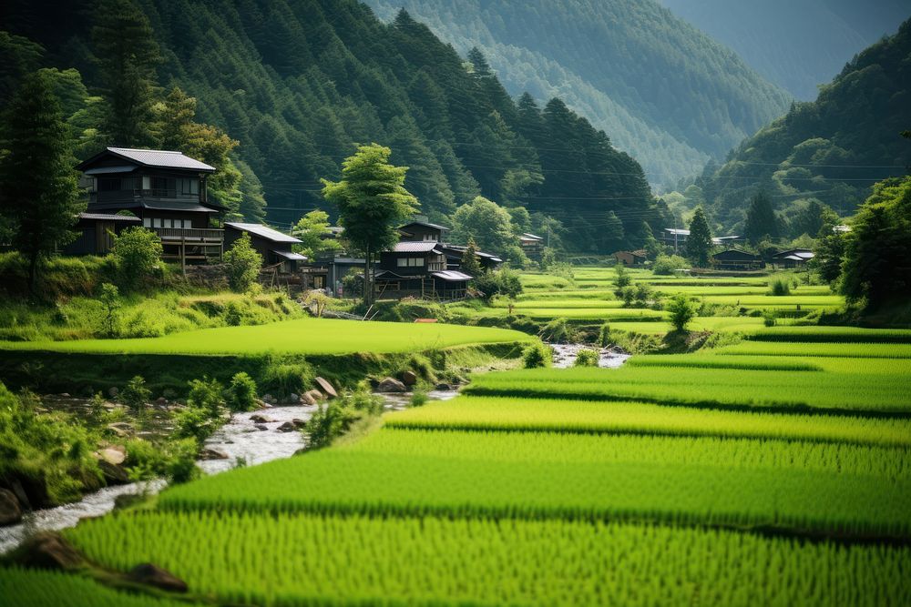 Countryside in japan landscape outdoors village. AI generated Image by rawpixel.