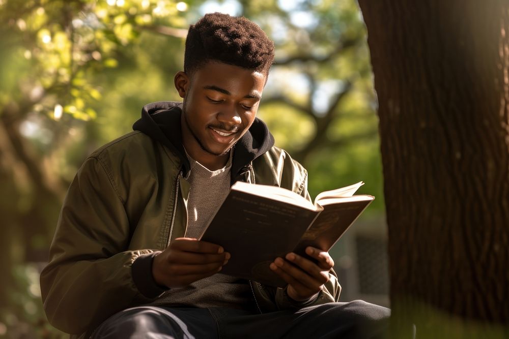 African student sreading a book publication sitting relaxation. AI generated Image by rawpixel.