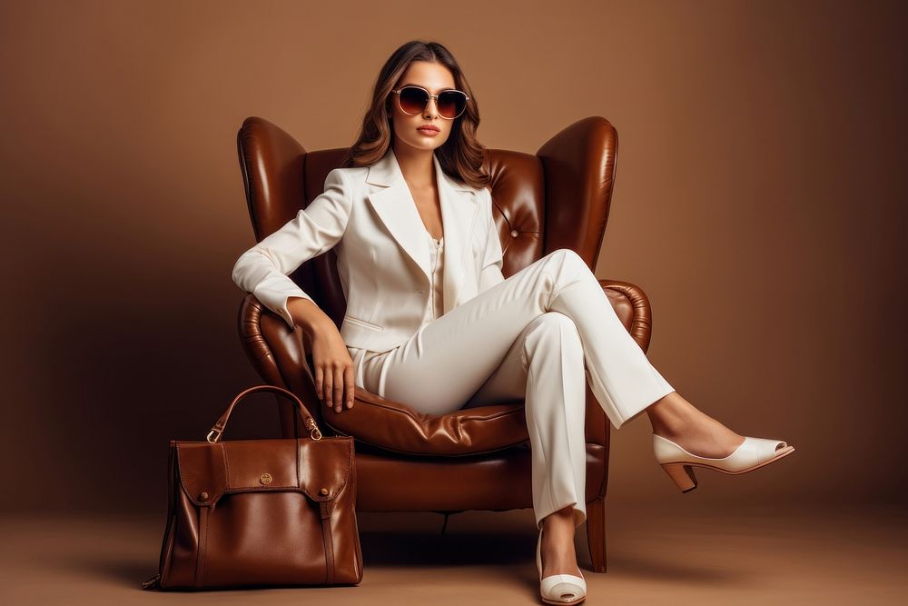 Fashionable confident woman sitting chair bag. AI generated Image by rawpixel.