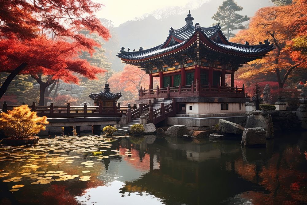 Korea temple outdoors autumn nature. AI generated Image by rawpixel.