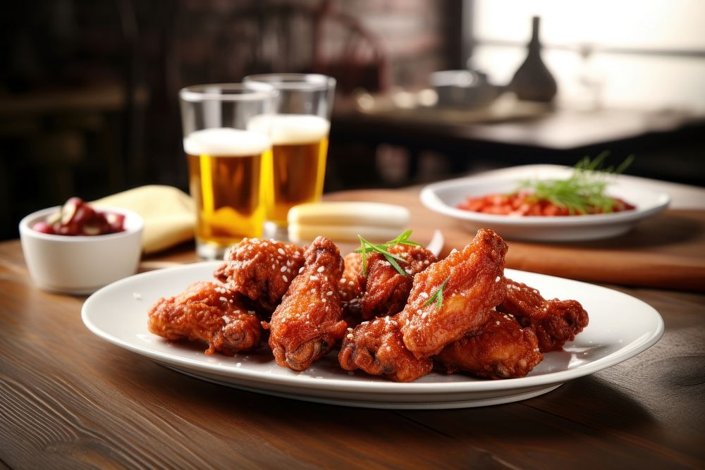 Korean fried chicken restaurant plate table. AI generated Image by rawpixel.