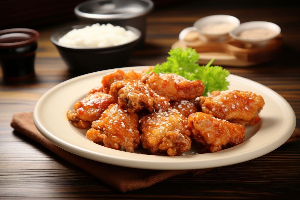 Korean fried chicken plate table food. AI generated Image by rawpixel.