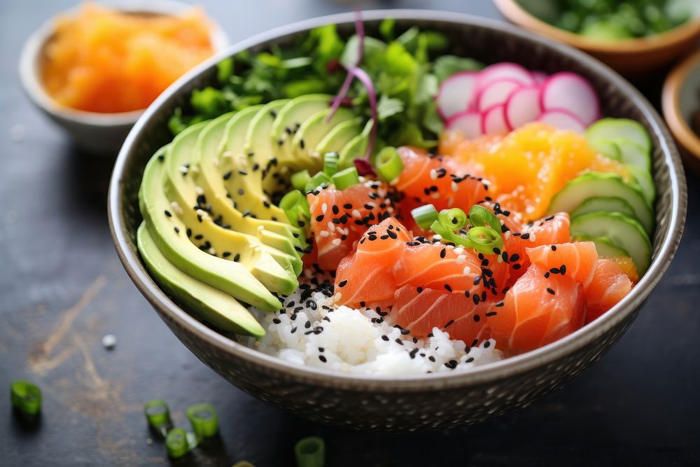 Poke bowl seafood cantaloupe vegetable. AI generated Image by rawpixel.