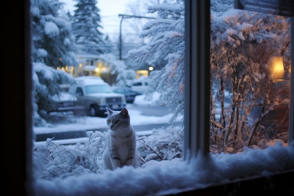 Out side window chistmas snow windowsill outdoors animal. AI generated Image by rawpixel.