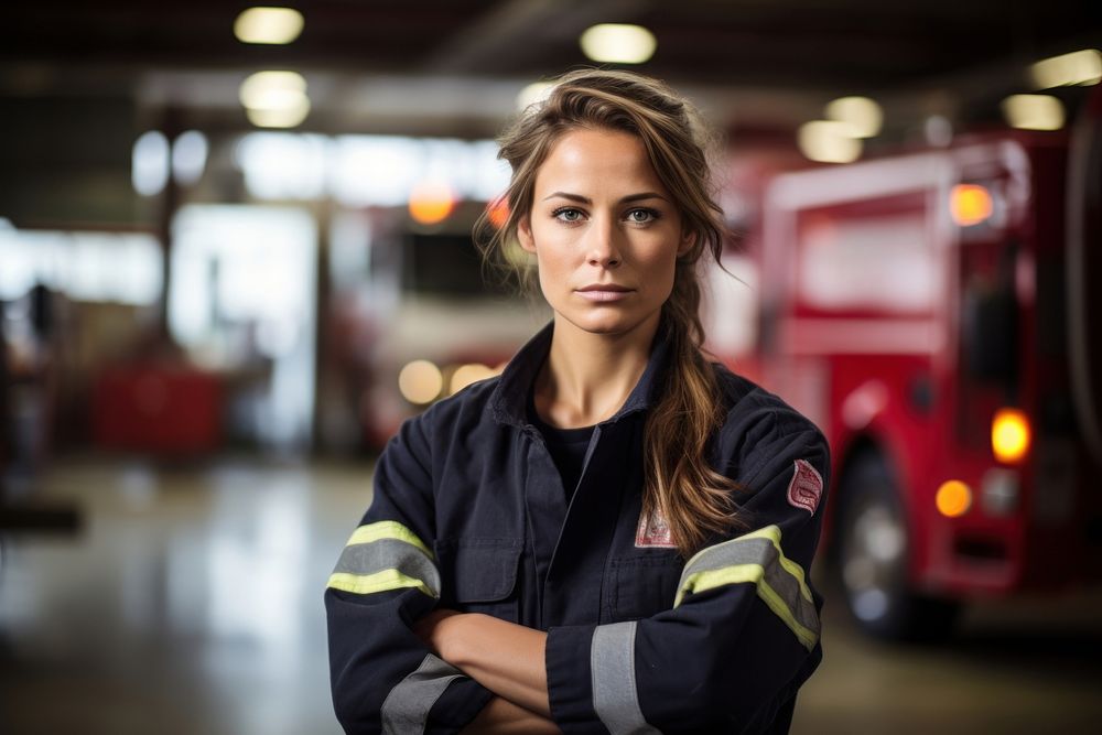 Female firefighter portrait vehicle adult. AI generated Image by rawpixel.