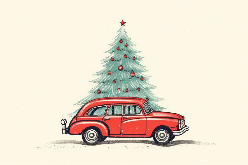Red Vintage Car Carrying A Christmas Tree christmas tree car. AI generated Image by rawpixel.