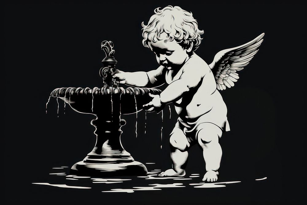 One cherub cupid fountain drawing representation. AI generated Image by rawpixel.