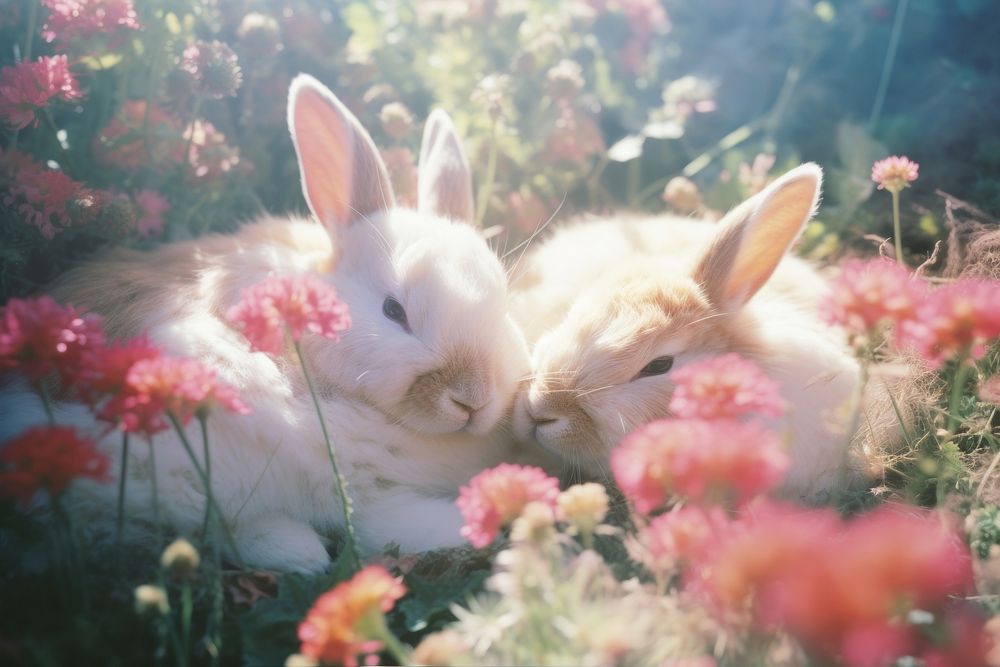Two bunnies sleep comfortably on blooms meadow outdoors animal mammal. AI generated Image by rawpixel.