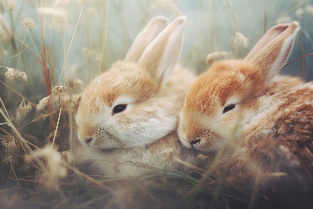 Two bunnies sleep comfortably on meadow animal rodent mammal. AI generated Image by rawpixel.