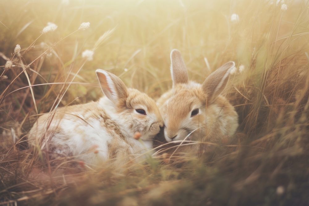 Two bunnies sleep comfortably on meadow animal mammal rodent. AI generated Image by rawpixel.