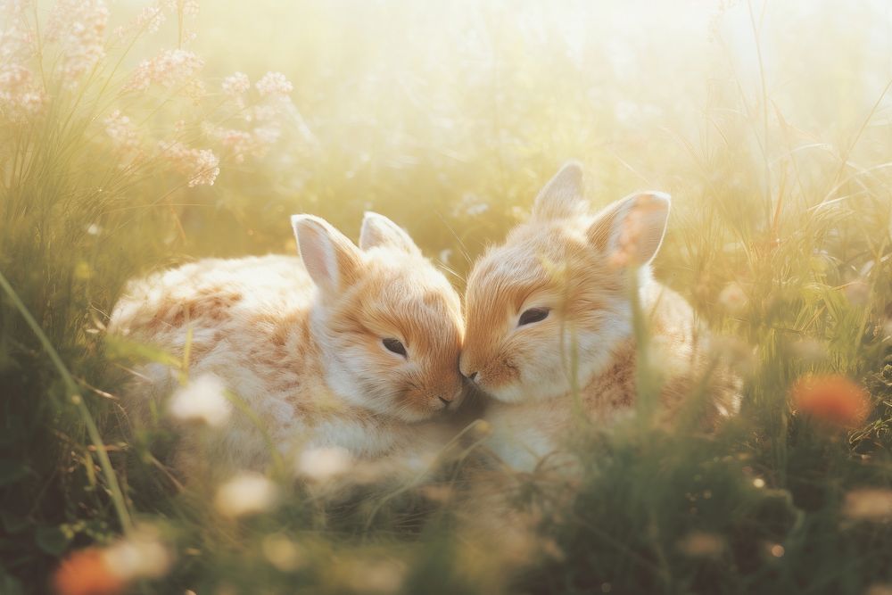 Two bunnies sleep comfortably on meadow outdoors animal mammal. AI generated Image by rawpixel.