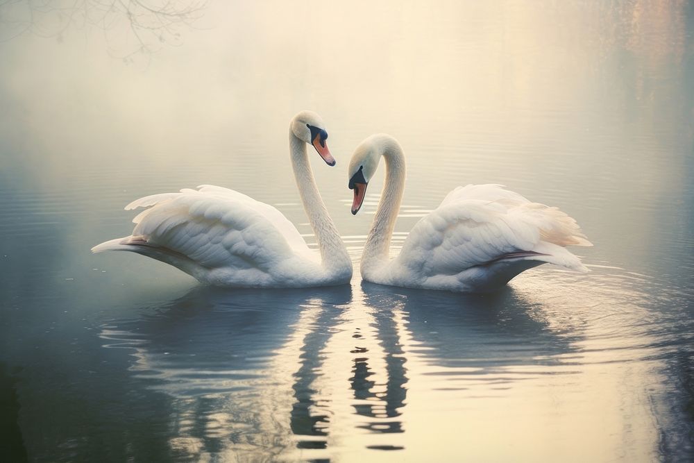 Couple of swan with pale lake animal bird reflection. AI generated Image by rawpixel.