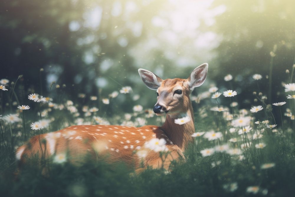 A roe deer sleep comfortably on blooms meadow wildlife outdoors flower. AI generated Image by rawpixel.