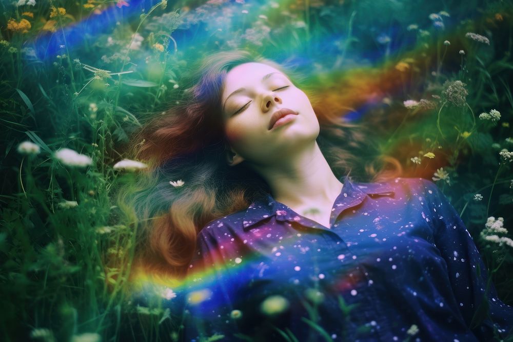 Girl sleep comfortably on meadow portrait outdoors nature. AI generated Image by rawpixel.