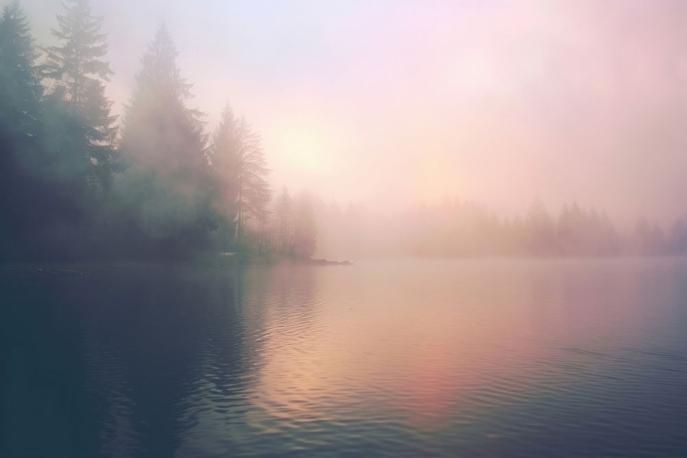 A lake with mist floats in the air landscape outdoors nature. AI generated Image by rawpixel.
