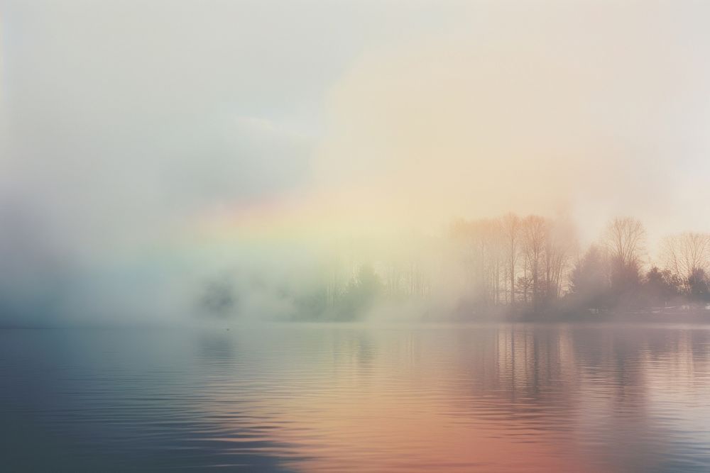 A lake with mist floats in the air outdoors nature sky. AI generated Image by rawpixel.
