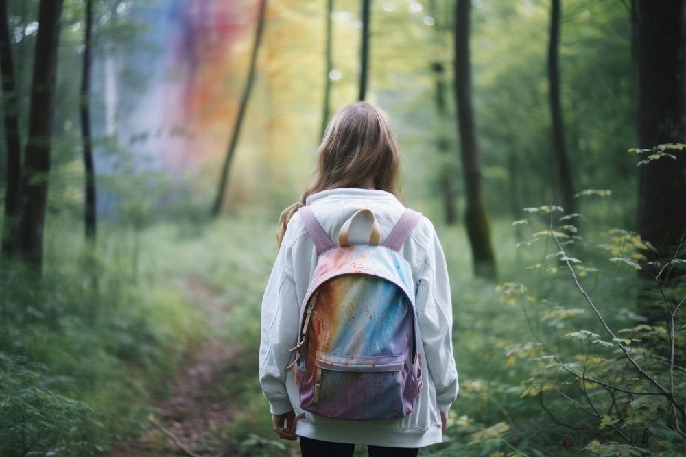 A woman with a backpack take a breath in serene forest rainbow tranquility exploration. AI generated Image by rawpixel.