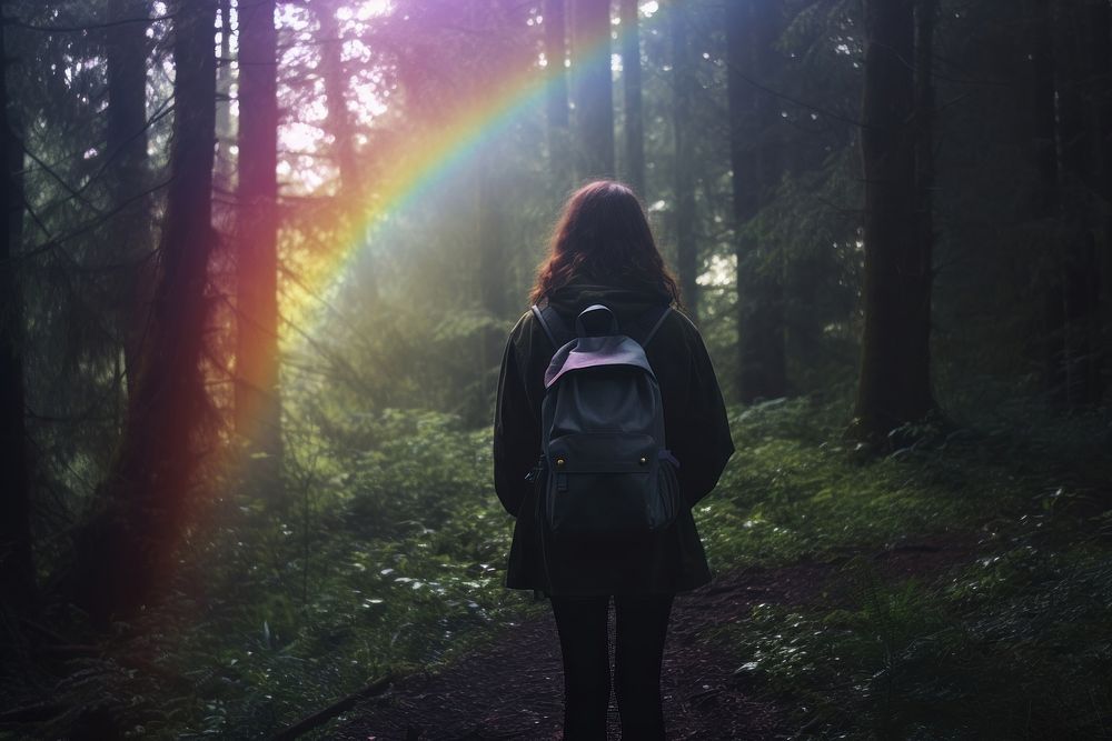 A woman with a backpack take a breath in serene forest adventure sunlight outdoors. AI generated Image by rawpixel.