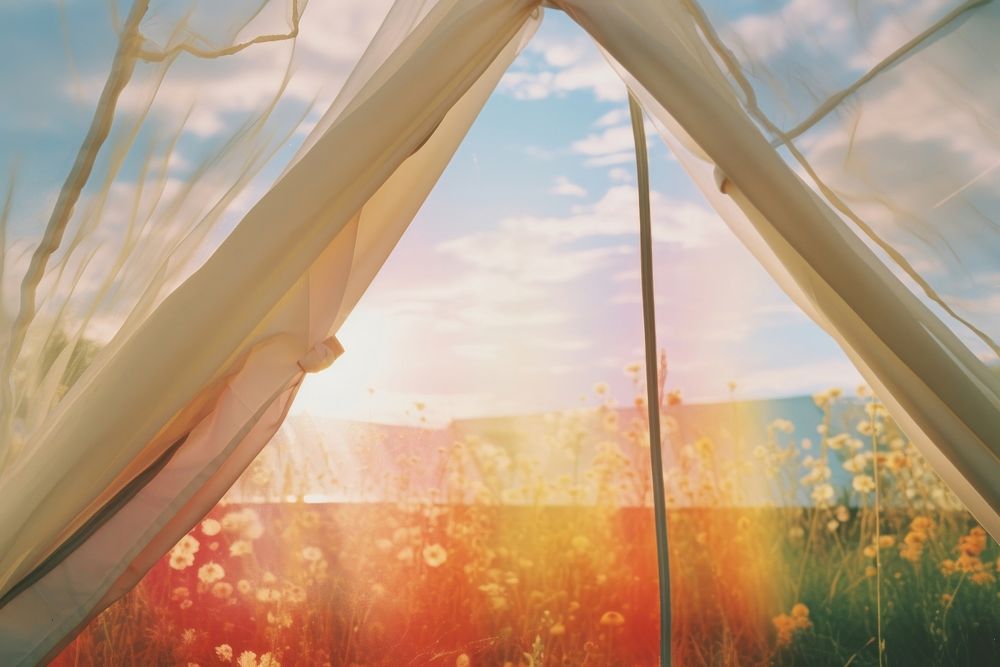 The inside of a tent with a view of the meadow sunlight outdoors nature. AI generated Image by rawpixel.