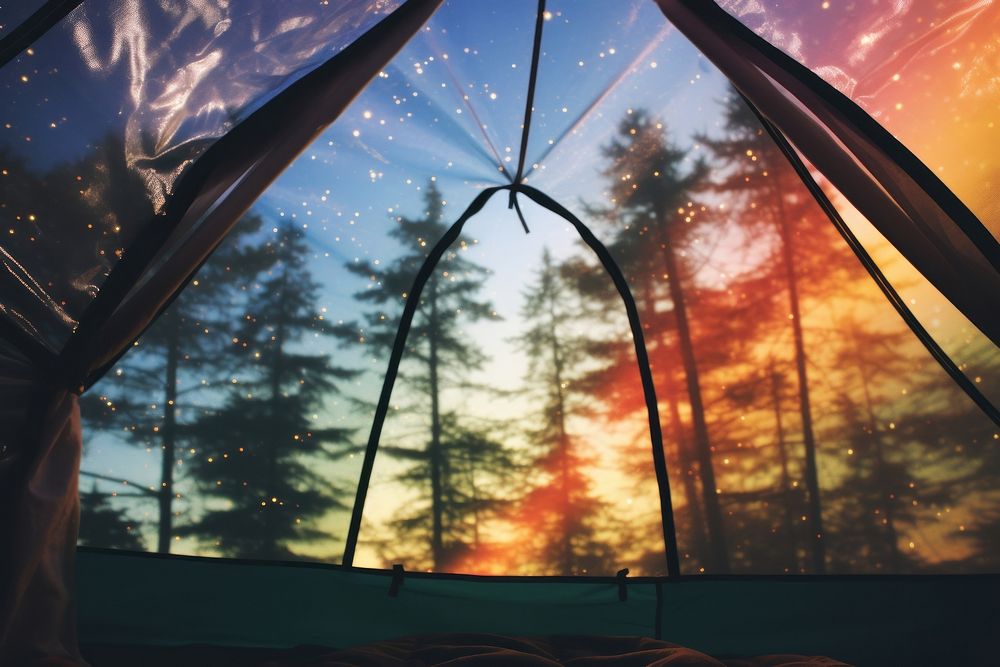 The inside of a tent with a view of the woods outdoors camping nature. AI generated Image by rawpixel.