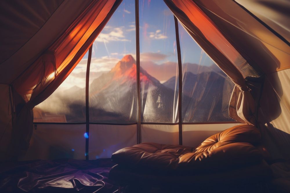 The inside of a tent with a view of the mountain architecture nature tranquility. AI generated Image by rawpixel.