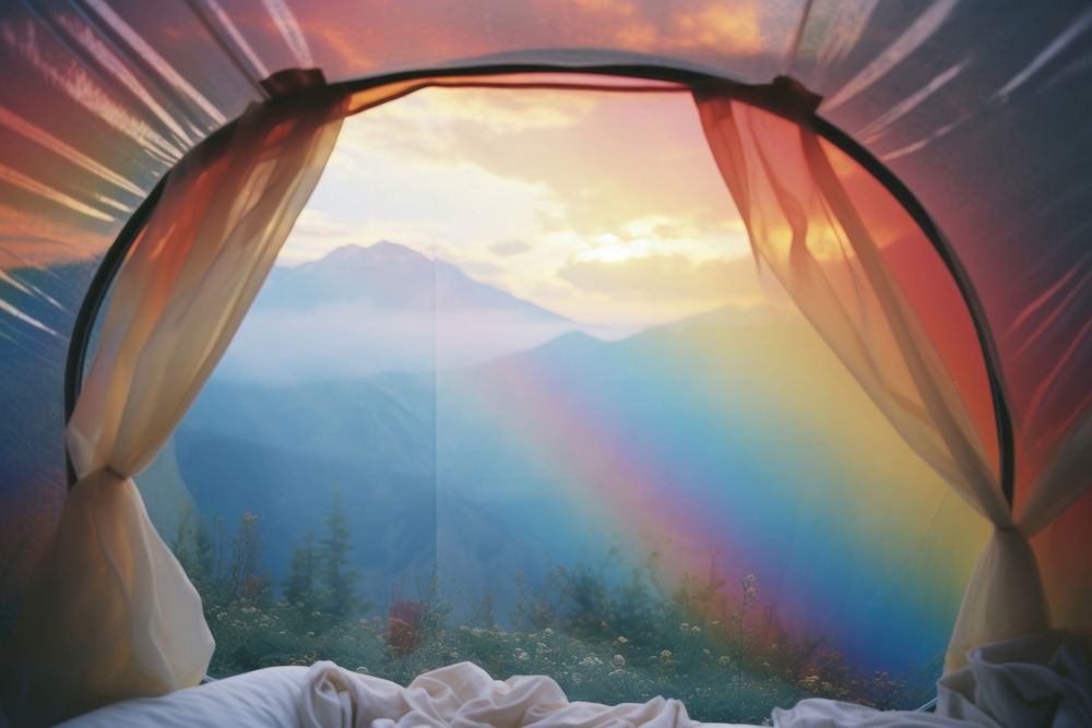 The inside of a tent with a view of the mountain outdoors rainbow camping. AI generated Image by rawpixel.