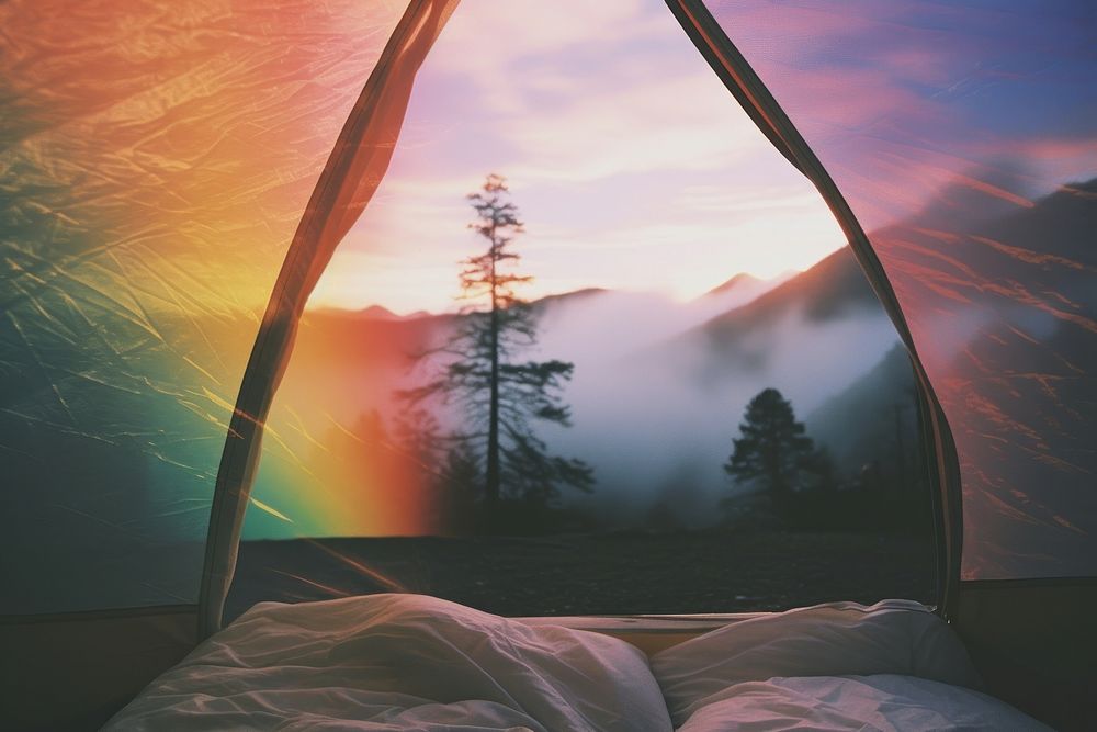 The inside of a tent with a view of the mountain landscape outdoors camping. AI generated Image by rawpixel.