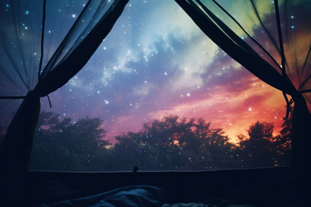The inside of a tent with a view of the woods outdoors nature galaxy. AI generated Image by rawpixel.