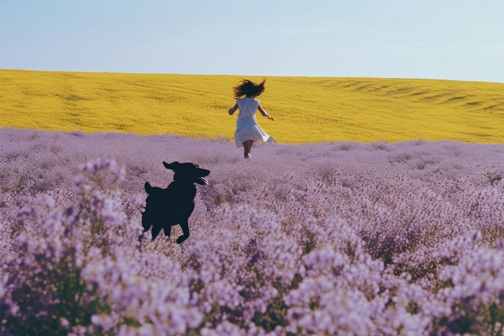 A happy girl run floating with a dog flower landscape outdoors. AI generated Image by rawpixel.