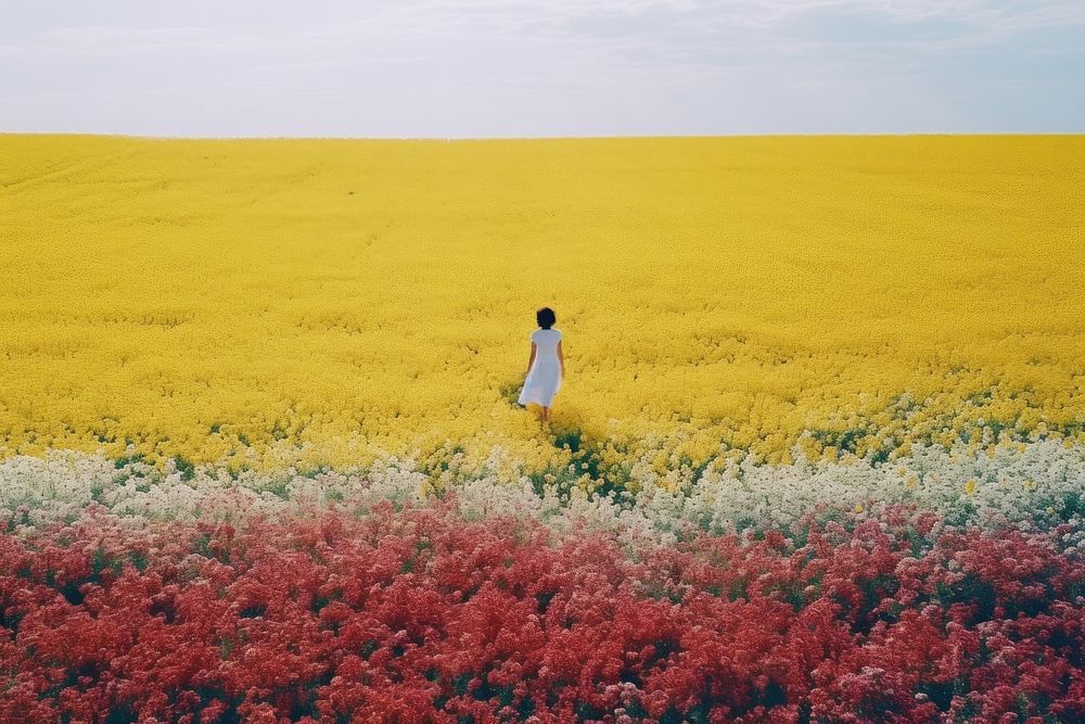 A happy girl run floating with a dog flower field landscape. AI generated Image by rawpixel.