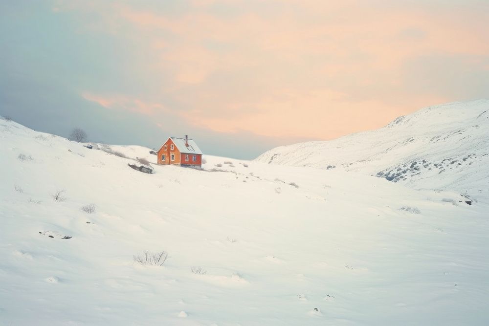 A lonely house with snow hillside winter landscape architecture building outdoors. AI generated Image by rawpixel.