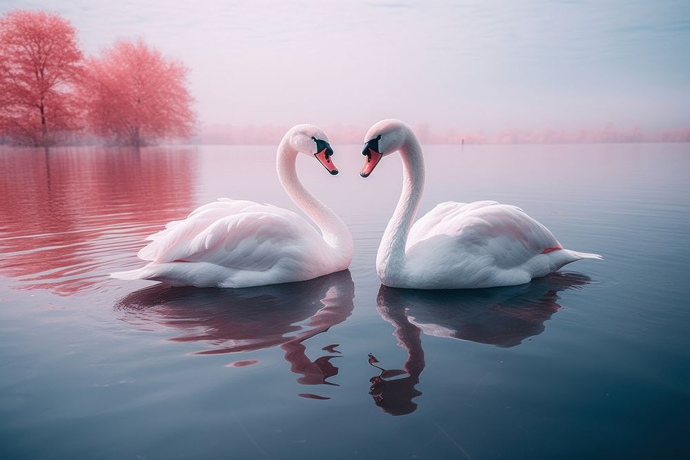 Couple of swan with pale lake outdoors animal bird. AI generated Image by rawpixel.