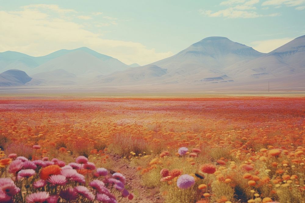 Field of flowers landscape mountain outdoors. AI generated Image by rawpixel.