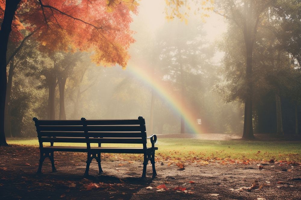 A benches sitting in the middle of a autumn park outdoors rainbow nature. AI generated Image by rawpixel.