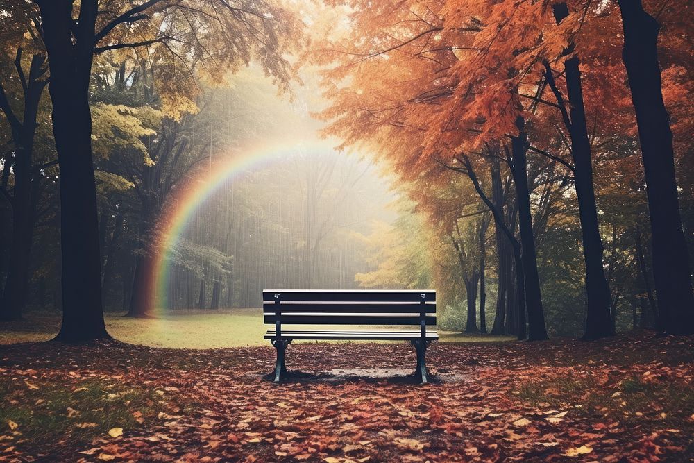 A benches sitting in the middle of a autumn park outdoors rainbow nature. AI generated Image by rawpixel.