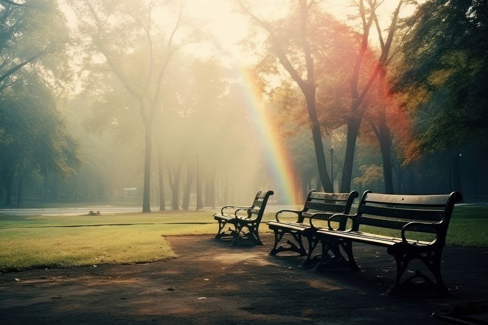 A benches sitting in the middle of a park sunlight outdoors rainbow. AI generated Image by rawpixel.
