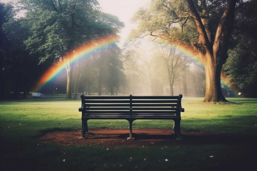 A benches sitting in the middle of a park outdoors rainbow nature. AI generated Image by rawpixel.