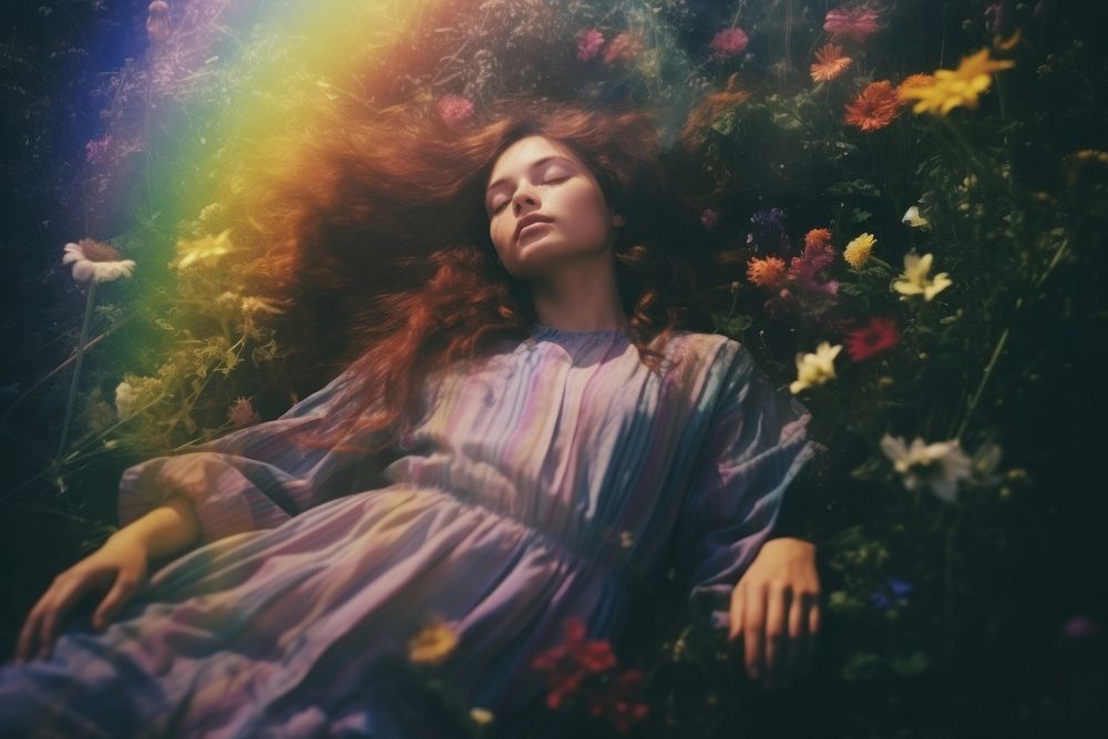 A girl sleep comfortably on bloom meadow portrait nature flower. AI generated Image by rawpixel.