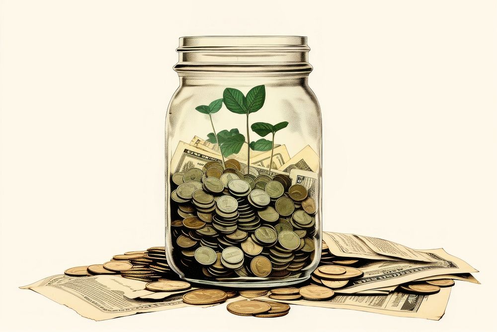 A glass jar filled with coins and a plant money herb investment. AI generated Image by rawpixel.