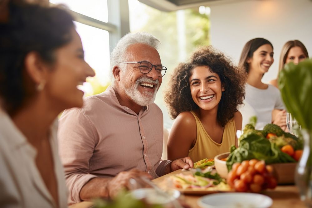 Hispanic family laughing adult lunch. AI generated Image by rawpixel.