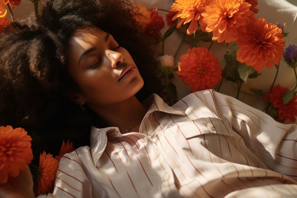 African american woman flower sleeping portrait. AI generated Image by rawpixel.