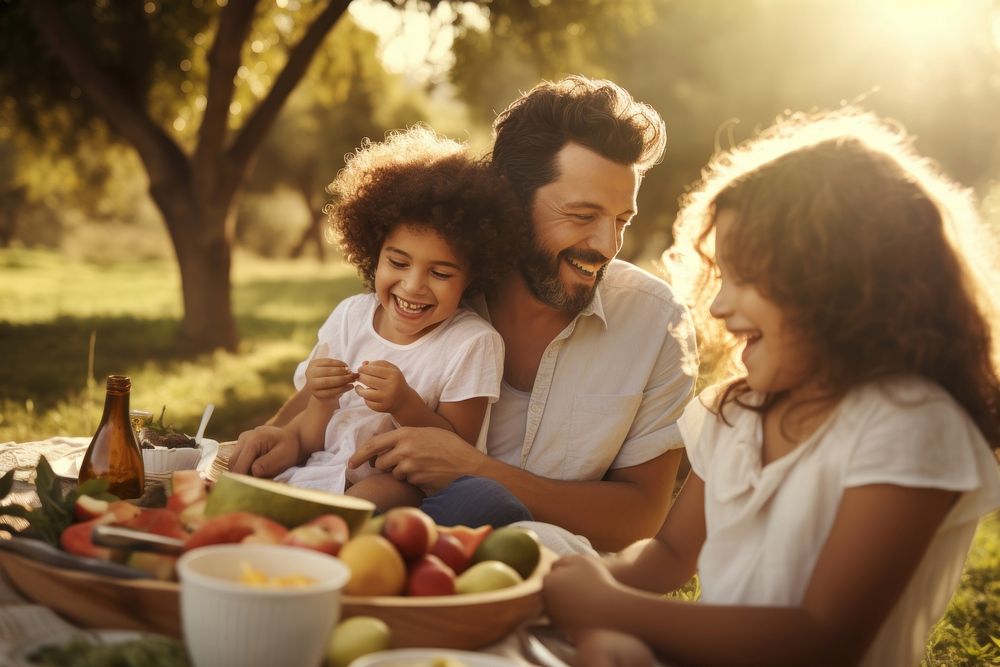 Hispanic family laughing outdoors picnic. AI generated Image by rawpixel.