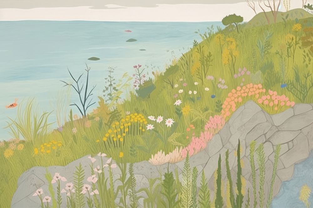 Hill of grass has tall grass and a beautiful sea landscape outdoors painting. AI generated Image by rawpixel.
