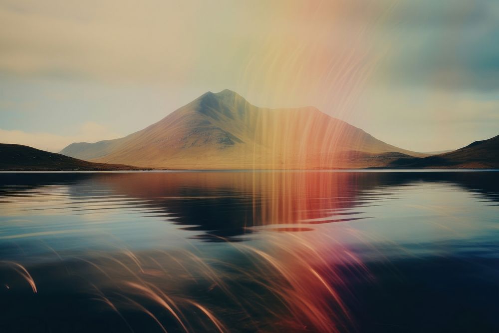 A lake with a mountain in the background landscape outdoors rainbow. AI generated Image by rawpixel.