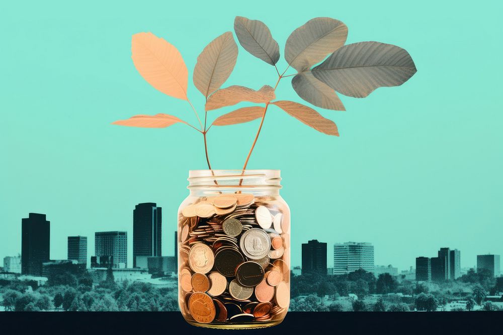 A glass jar filled with coins and a plant money investment container. AI generated Image by rawpixel.