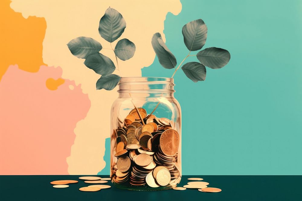 A glass jar filled with coins and a plant investment container currency. AI generated Image by rawpixel.