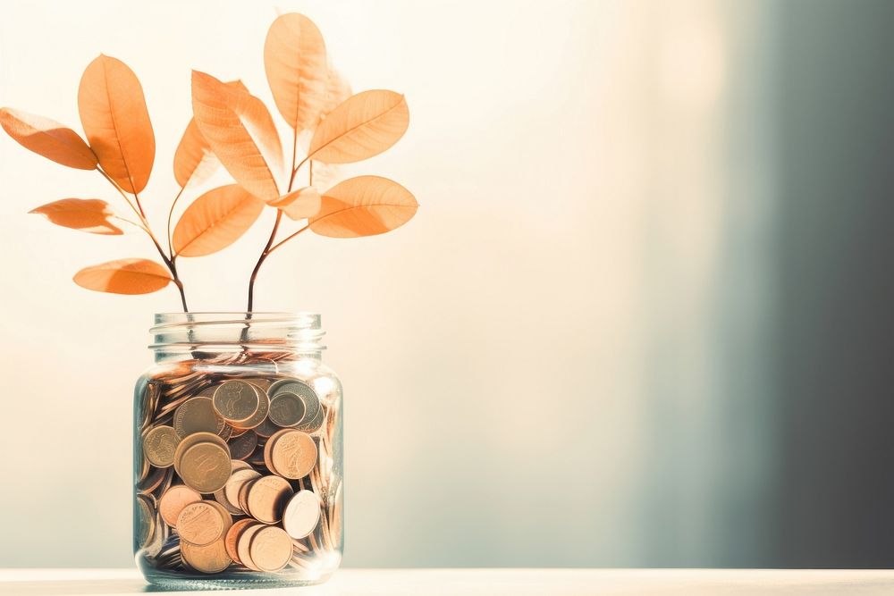 A glass jar filled with coins and a plant investment currency savings. AI generated Image by rawpixel.