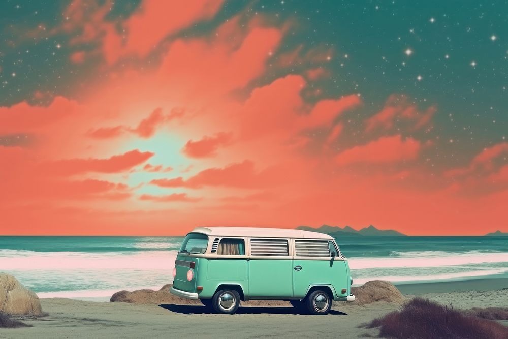 Pale green glow a van next to the ocean outdoors vehicle nature. AI generated Image by rawpixel.