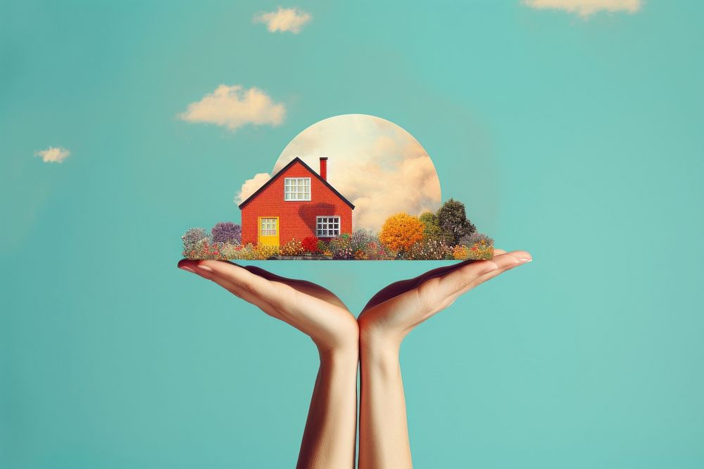 House in hand sky background outdoors house advertisement. AI generated Image by rawpixel.